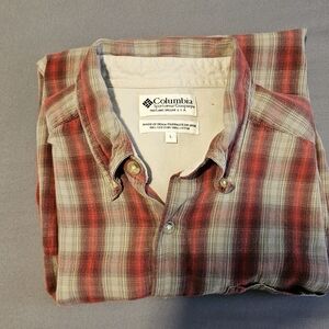 Columbia Men's Red and Beige Plaid Button-Down Shirt
